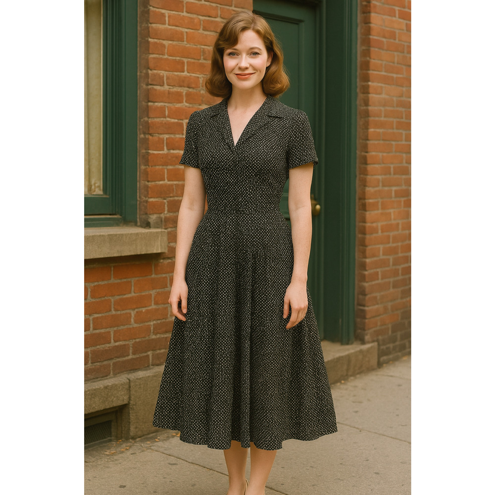 Vintage Mindy Malone Midi Dress Women Size 8 Black Polka Dot Smocked Waist